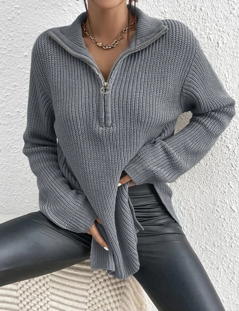 Autumn and winter women\'s clothing lazy style casual versatile thin knitted sweater pullover lapel zipper long slam top