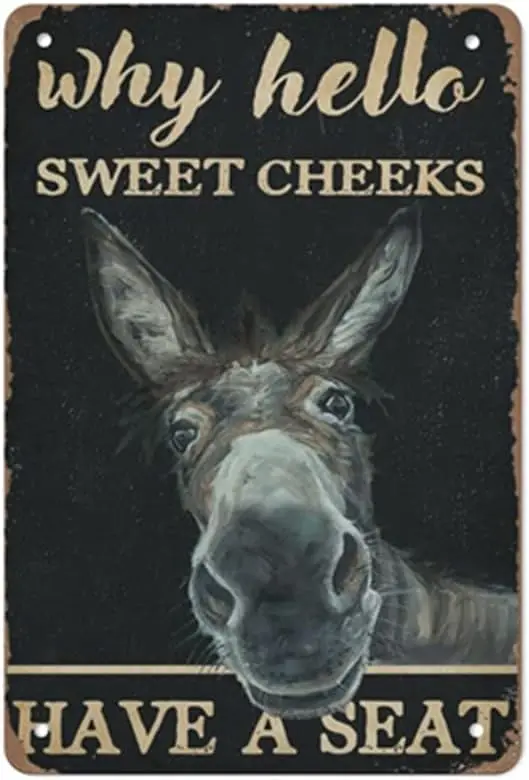 Vintage Donkey Art Metal Signs, Funny Sign Why Hello Sweet Cheeks Have A Seat Wall Artwork Metal Poster Room Print Sculptur sign
