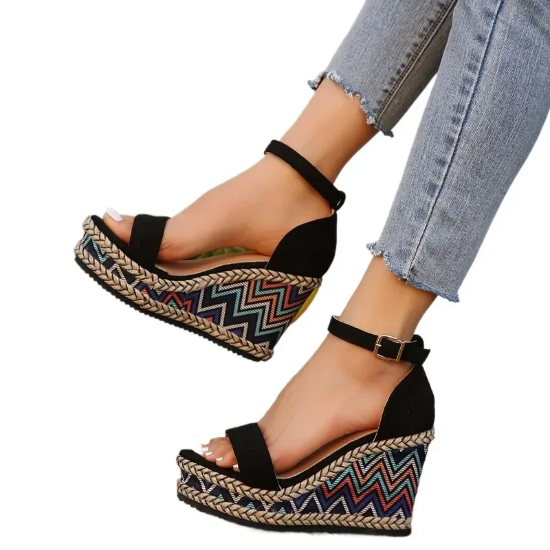 2024 Plus Size Shoes for Women Buckle Strap Women\'s Sandals Summer Platform Dress Sandals Women Cover Heel Wedges Shoes Ladies