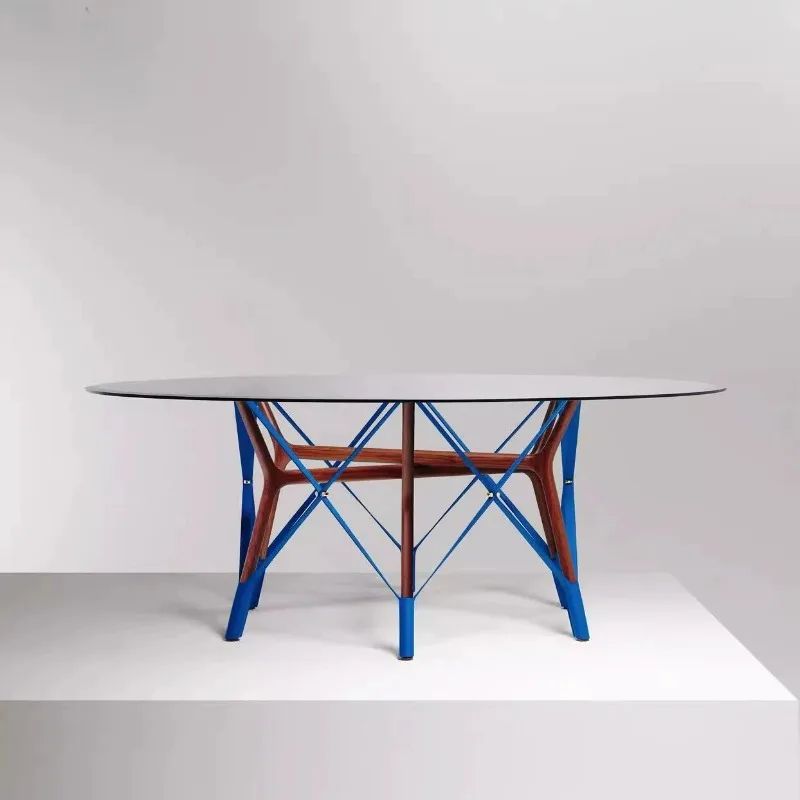 Modern designer creative saddle skin glass dining table household villa solid wood foot leisure round table