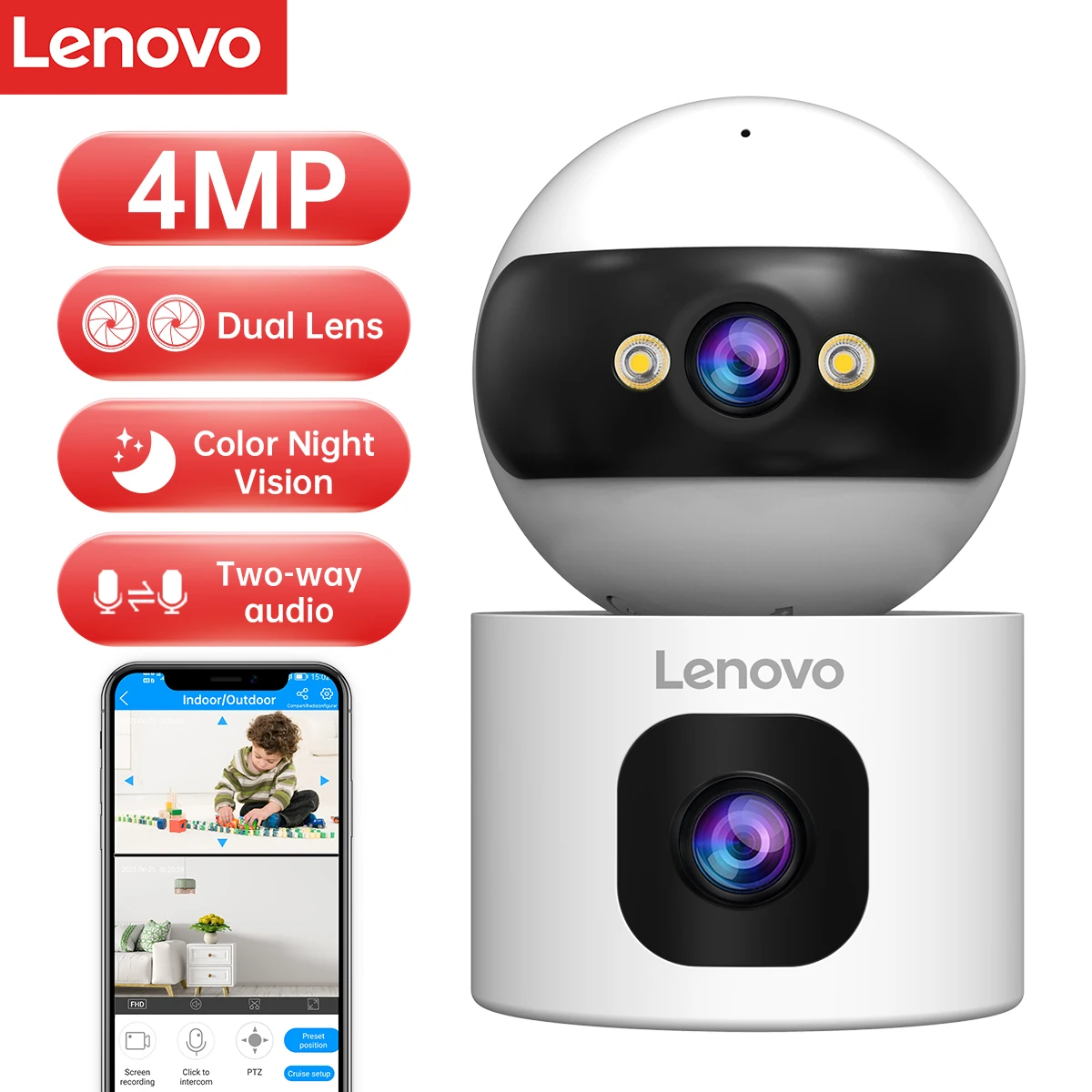 Lenovo-Caméra IP de sécurité sans fil, caméra de surveillance WiFi 5G, objectif touristique, n\'aime numérique 5X, suivi AI, caméra CCTV intérieure