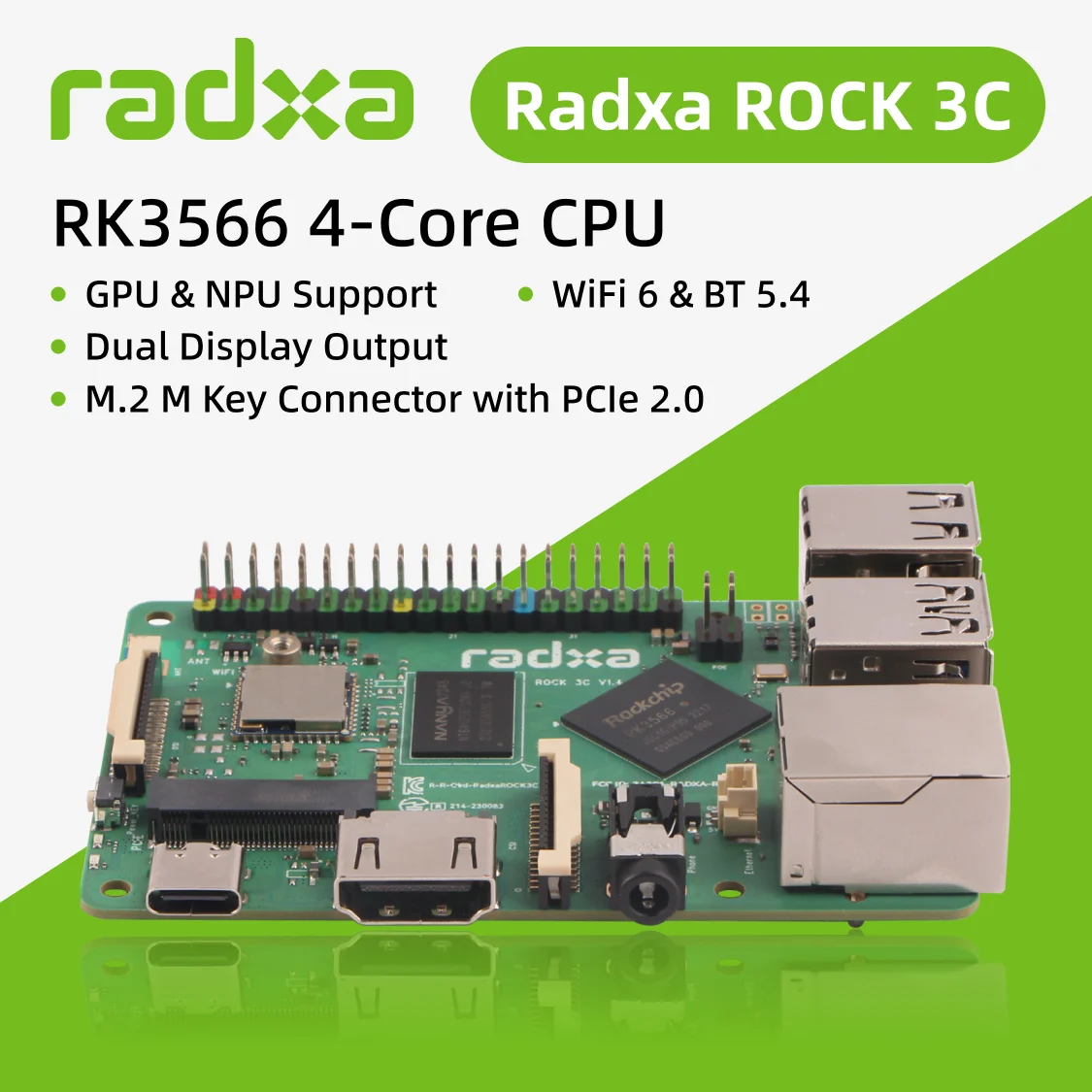 AvaCoreRadxa ROCK 3C RK3566 4-core CPU SBC, GPU, NPU, And HDMI With 4K Output, Single Board Computer