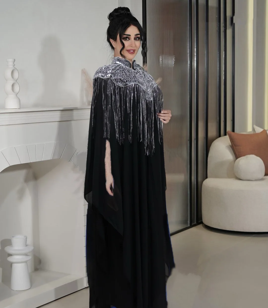 2024 new designs two pieces women summer fashion abaya dress inner outfit solid black sequined tassel party gown dress