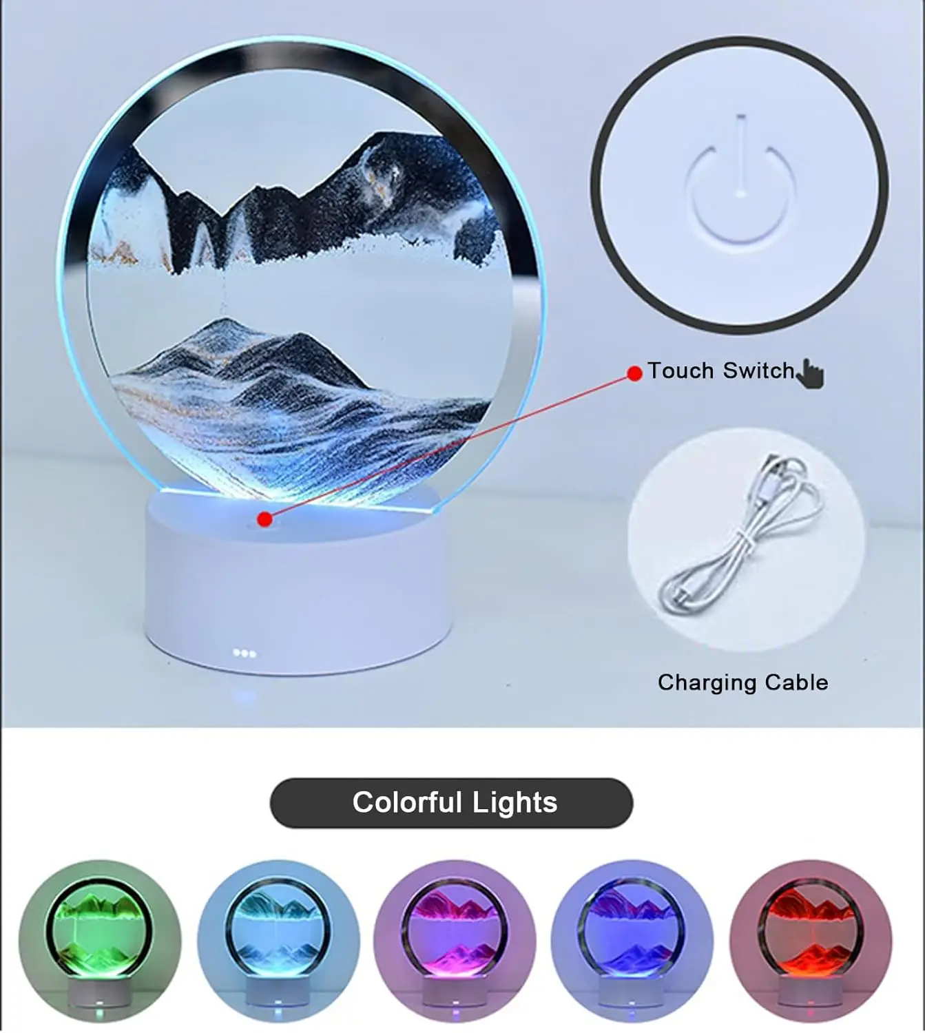 3D ไดนามิกนาฬิกาทรายไฟกลางคืน - USB-Powered Tabletop Lamp สีฟ้า/แก้วนวนิยายโคมไฟตั้งโต๊ะสำหรับห้องนั่งเล่นสำนักงานห้องนอน