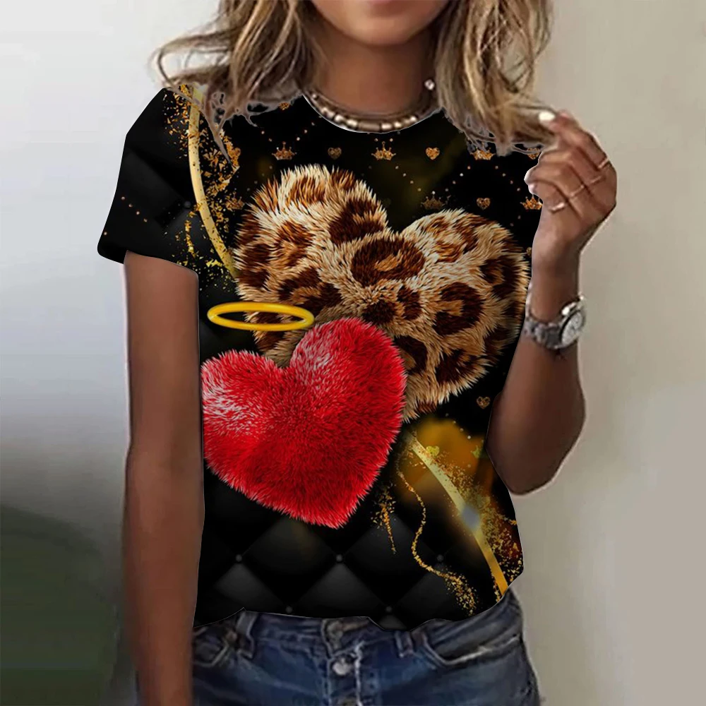 

Women Fashion O-Neck Short Sleeve T Shirt Y2k Harajuku Oversized Tees Tops Female Clothing Sexy Leopard Heart 3D Print T-Shirts