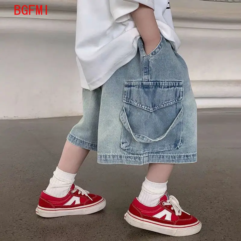 2-10Y Boys Denim Shorts Summer Thin New Kids Solid Color Fashion Knee Length Pants Children Casual Jeans Shorts Denim Overalls