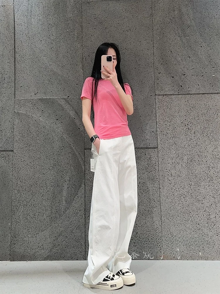 

Casual Banana Pants Women's Wide Leg Long Pants White Slimming Summer Fashionable Versatile Polyester Fiber Natural Waist