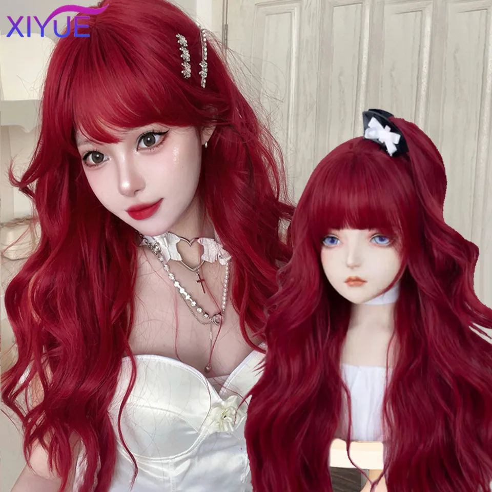 XIYUE Role playing wig with bangs and synthetic curls 24 inches long heat-resistant red wig for women