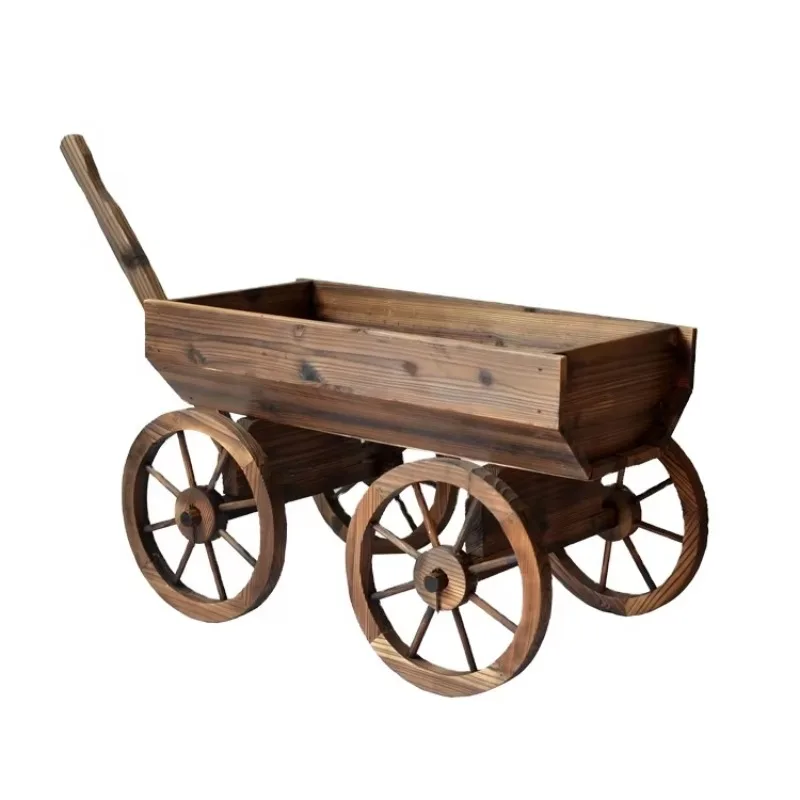 

Garden Wooden Wagon Planters Burnt Brown Backyard Wood Planter Carts