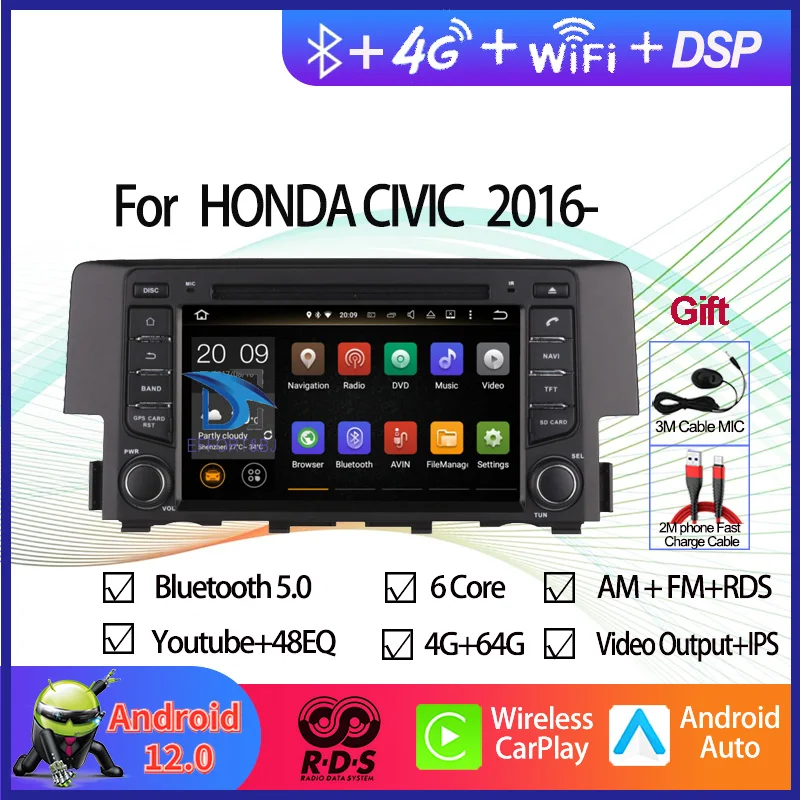 Android 12 Octa Core Car GPS Navigation Multimedia DVD Player For Honda Civic 2016- Auto Radio Stereo Head Unit