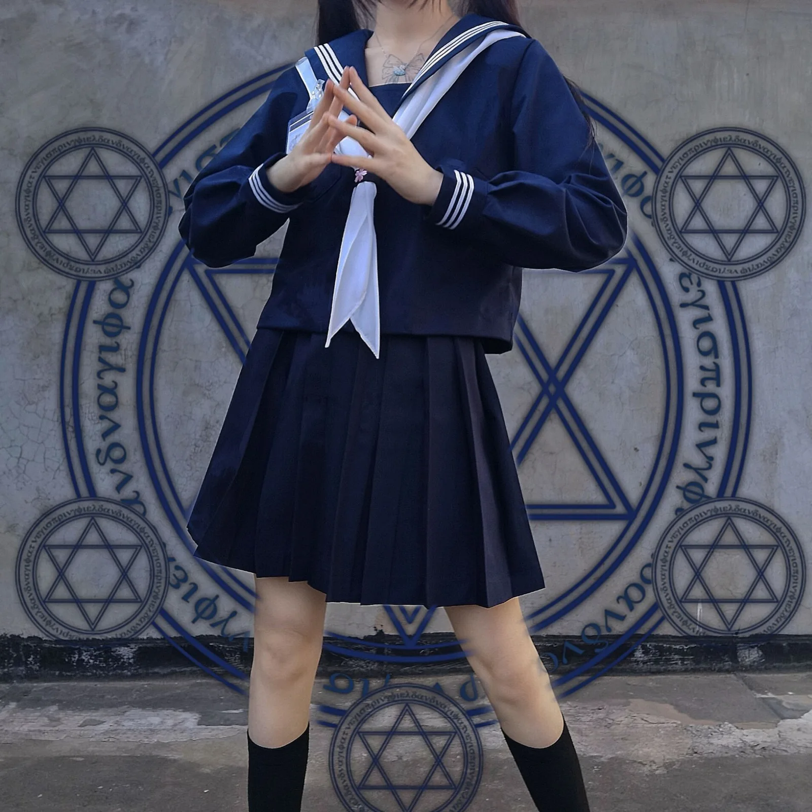 Plus Size Japanese Dark Navy 3 Stripes Sailor JK Uniform Kansai Collar Mid Length Preppy Style Girls Casual Student Daily Outfit