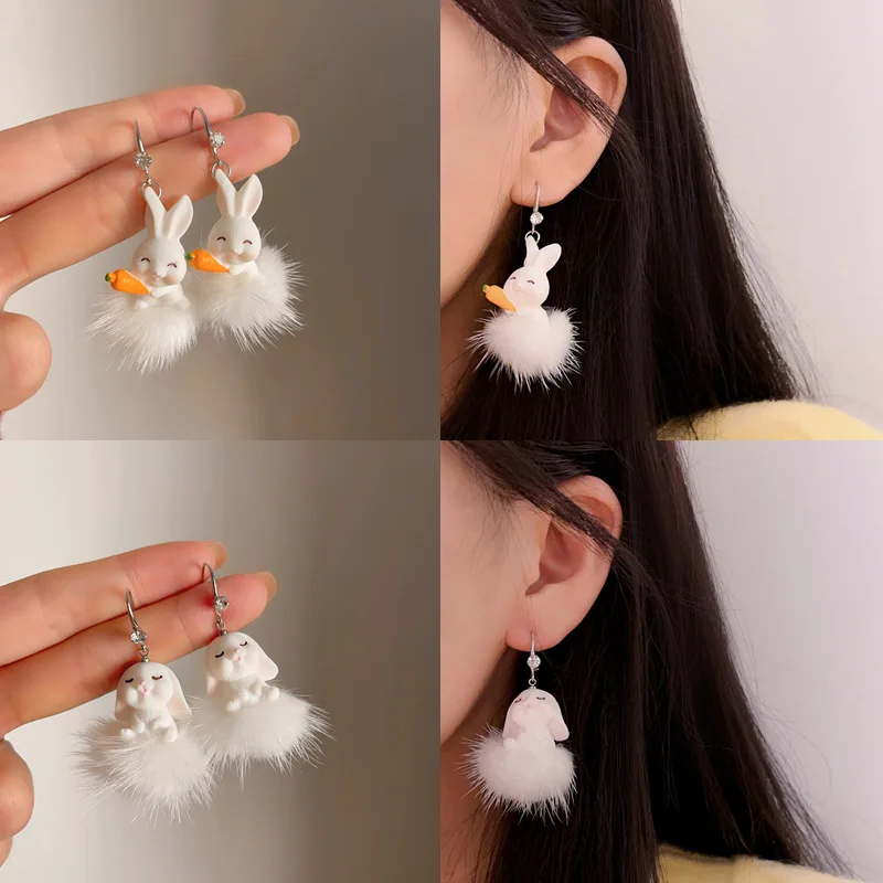 New Fluffy Rabbit Drop Earrings White Plush Cute Animal Earrings For Women Girls Korean Jewelry Brincos New Year Gifts