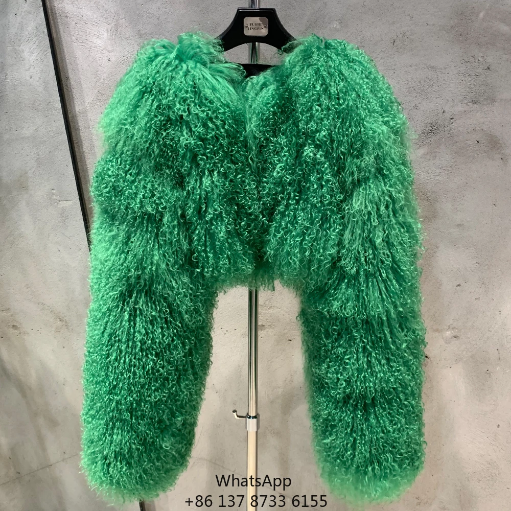 

Hot Selling Mongolia Fur Coat Bright Green Real Fur Coats Winter Sheep Fur Coats Women