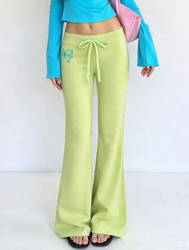 candy colored butterfly hot stamping diamond micro flared pants spicy girl low waist lace up retro slim fit casual pants