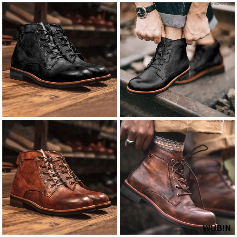 2026 Autumn Winter Punk Handmade Leather Men Chunky Botines Men Boots Retro Round Toe Ankle Boots  Street Style Motorcycle Boots