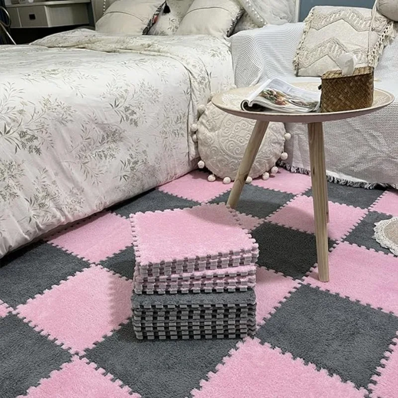 

48PCS Gray-Pink Interlocking Bedside Carpet Tiles for Bedroom Bay Window Mats Insta-Style Foam Pads, Cuttable & Washable
