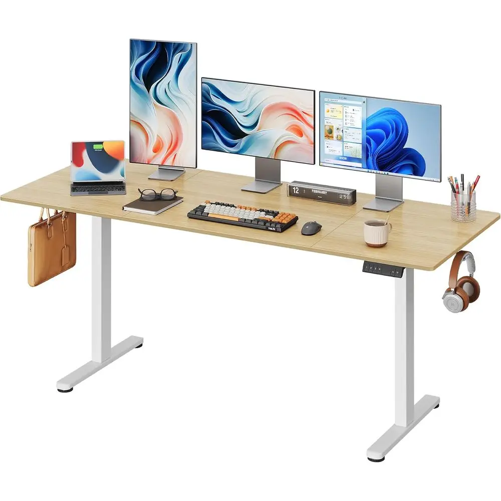 71 Inch Standing Desk Split Top Computer Desk Maple LED Touch, Hook, 3 Memory Preset, Home Office