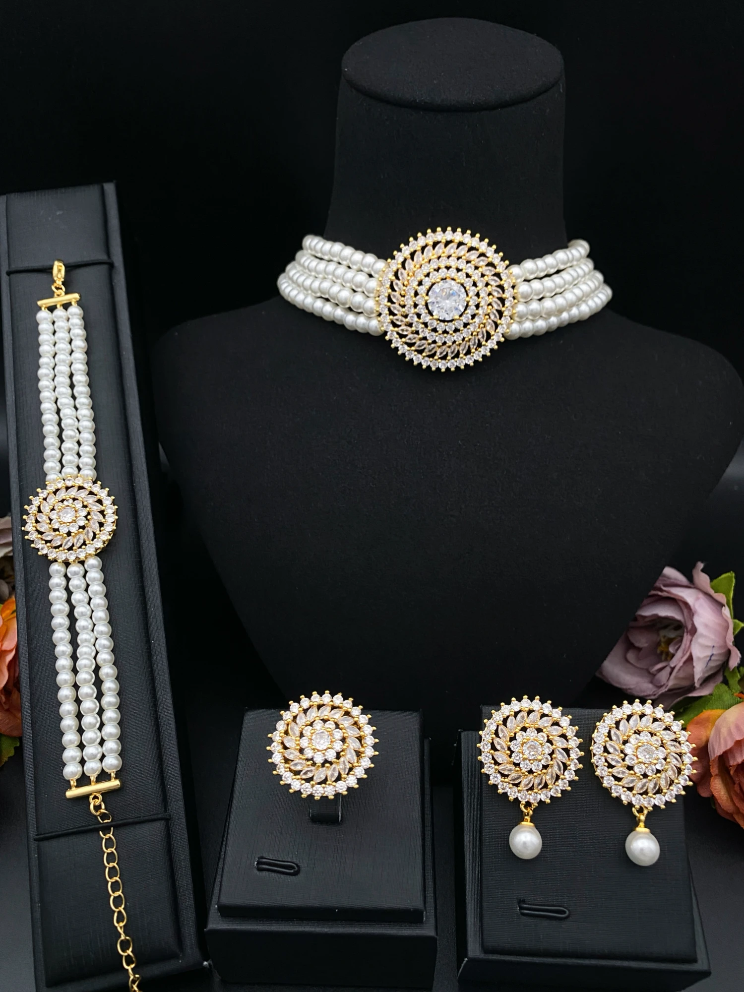 Falair Women's Jewelry Set Simulated Pearl Luxury Zirconia Bracelet Ring Necklace Earrings for Wedding Party