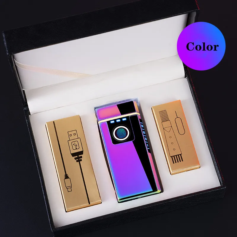 Luxury Smart Chip Fingerprint Recognition Induction Ignition USB Charging Large Flame Lighter LED Power Display Gift Box