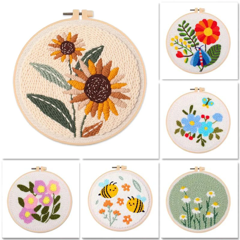 

Flower Punch Needle Embroidery Starter Kits Art Handmaking Sewing Needles Tool Threader Fabric Embroidery Hoop Yarn Rug