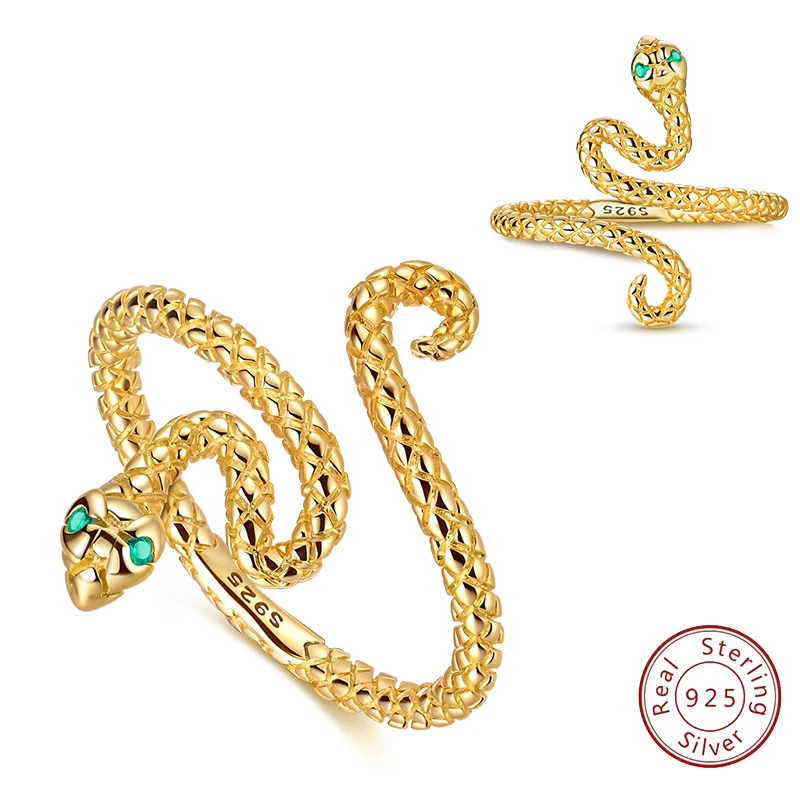 

Rings Original 925 Sterling Silver Rings Golden Snake King Ring Adjustable Open Rings For Women Birthday Jewelry Festival Gifts