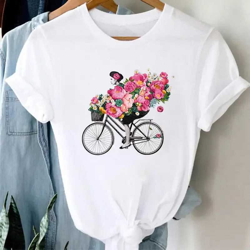 Fashion Women's T-shirt Floral Bicycle Print T-shirt Women's Cartoon Streetwear Tshirt Tops Aesthetic Clothes T Shirt