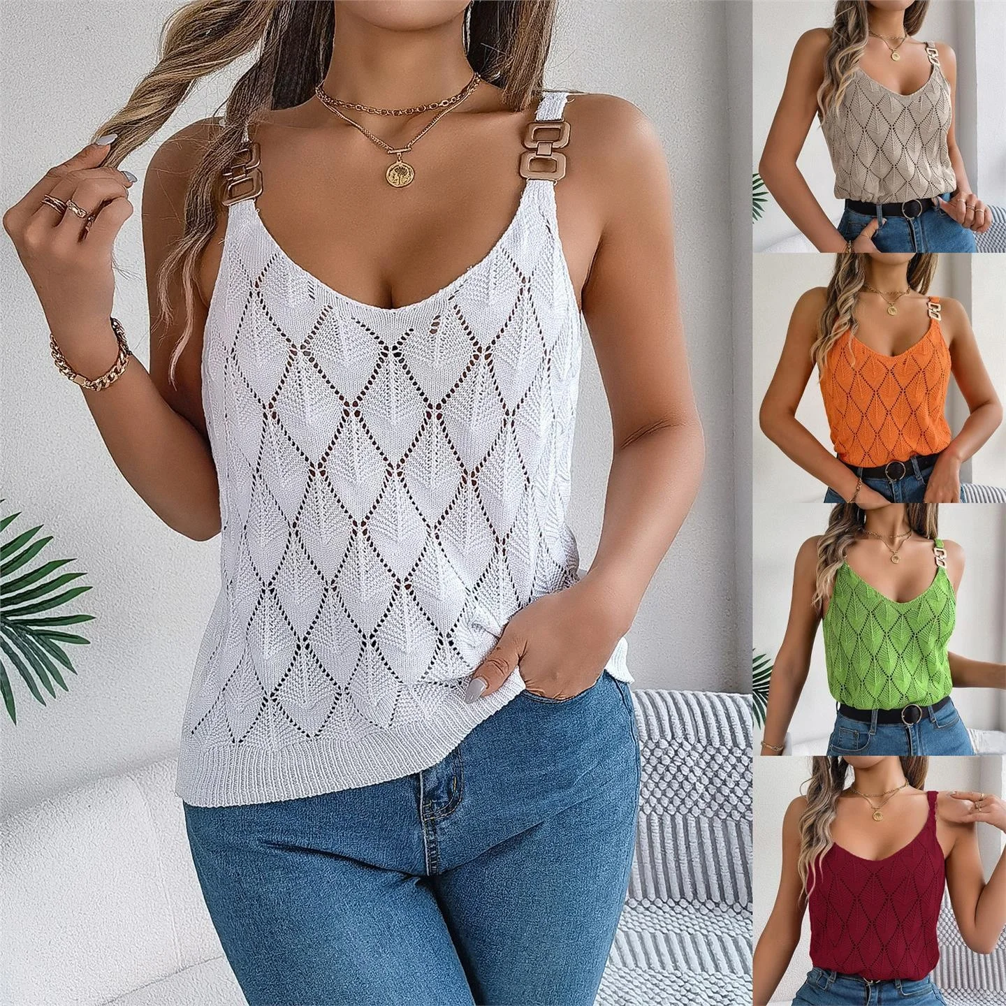 

V-Ne Hollow out Metal Bule Strap Knitted Top Holiday Women's Faion Thin oulder Svel Pure Color Knitwear