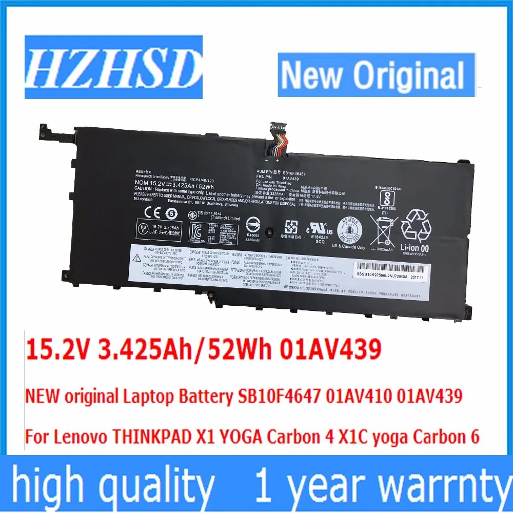 

15.2V 3.425Ah/52Wh 56WH 01AV439 00HW028 Original Battery SB10F4647 01AV410 For Lenovo THINKPAD X1 YOGA Carbon 4 X1C 01AV457 409