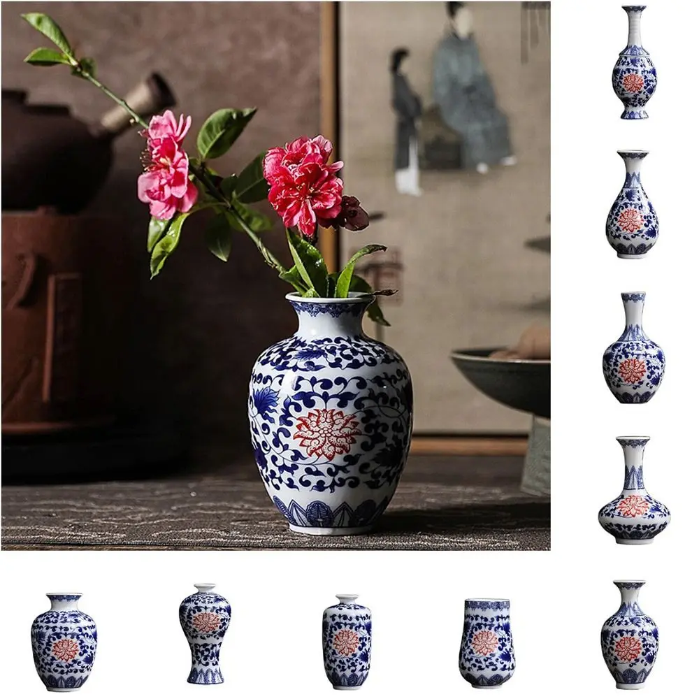 Blue and White Small Porcelain Vases Mini Vintage Ceramic Flower Vase Handmade Strong Chinese Style Desktop Ornament Office