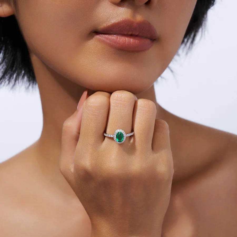 

JIUZUAN Oval 5x7mm Lab Emerald Ring S925 Silver 18K Gold Plated Halo Setting Daily Wear Women Engagement Wedding Ring