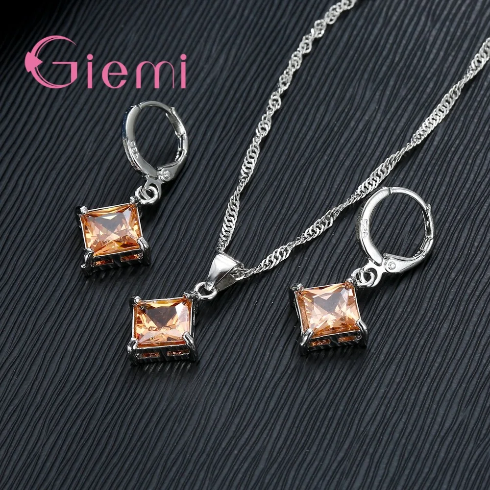 Big Promotion 925 Sterling Silver  Necklace Earrings Jewelry Sets for Women Female Classic Square Clear Zircon Bijoux