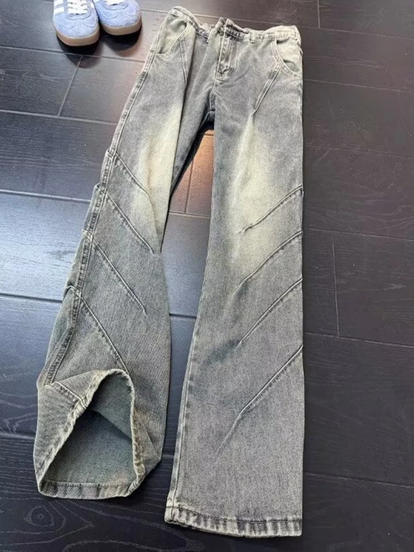 

High Street Fashion Men's Distressed Slim Fit Straight Leg Jeans Knife Fold Washed Deconstructed Bootcut Long Trousers