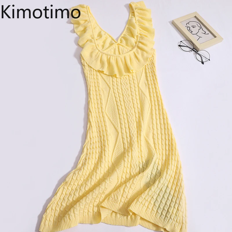 Kimotimo Sweet Knitted Dress Women 2024 Summer Temperament Ruffled One Shoulder Slim Fit A-line Twisted Sweater Midi Dresses Ins