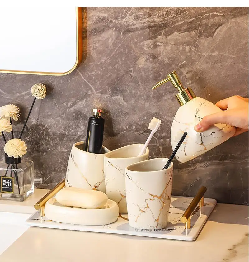 Platinum Marble Texture Bathroom Decoration Accessories Toothbrush Holder Toothpaste Dispenser Soap Dish Storage Tray