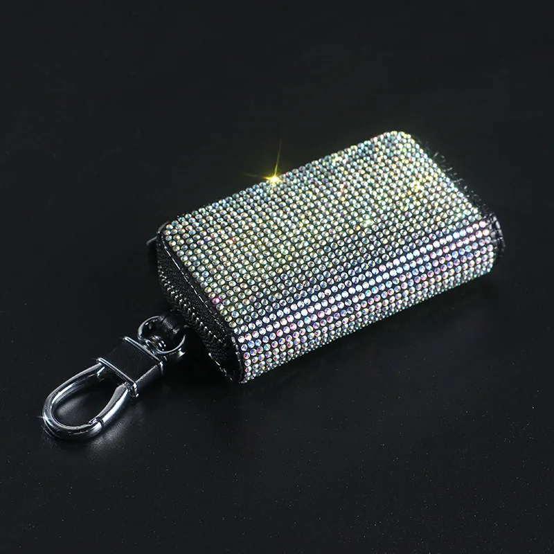 Organizador de llaves de coche para mujer, bolso de cuero PU, estuche de cristal ostentoso, monedero con cremallera cuadrada, bonito, a la moda