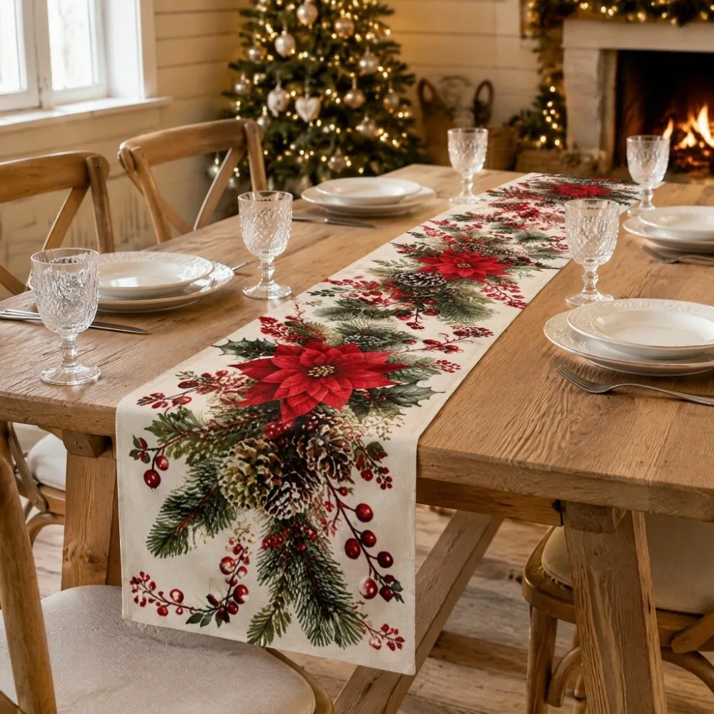 American Style Christmas Table Runner Soft Fabric Vintage Printed Xmas Table Flag Easy To Maintain Nice Draping Effect