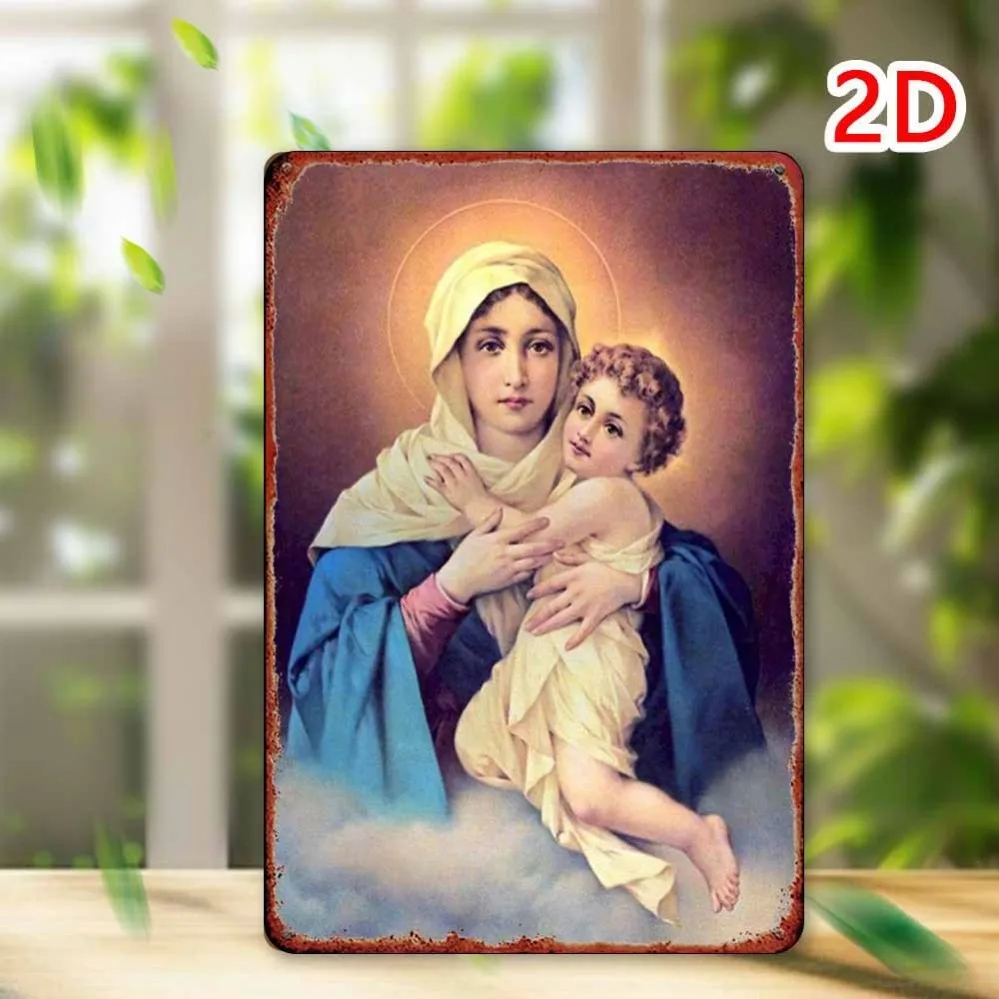 

Religious tin wall art of Virgin Mary and Jesus, perfect for bedroom, bar, garage, and garden decor.