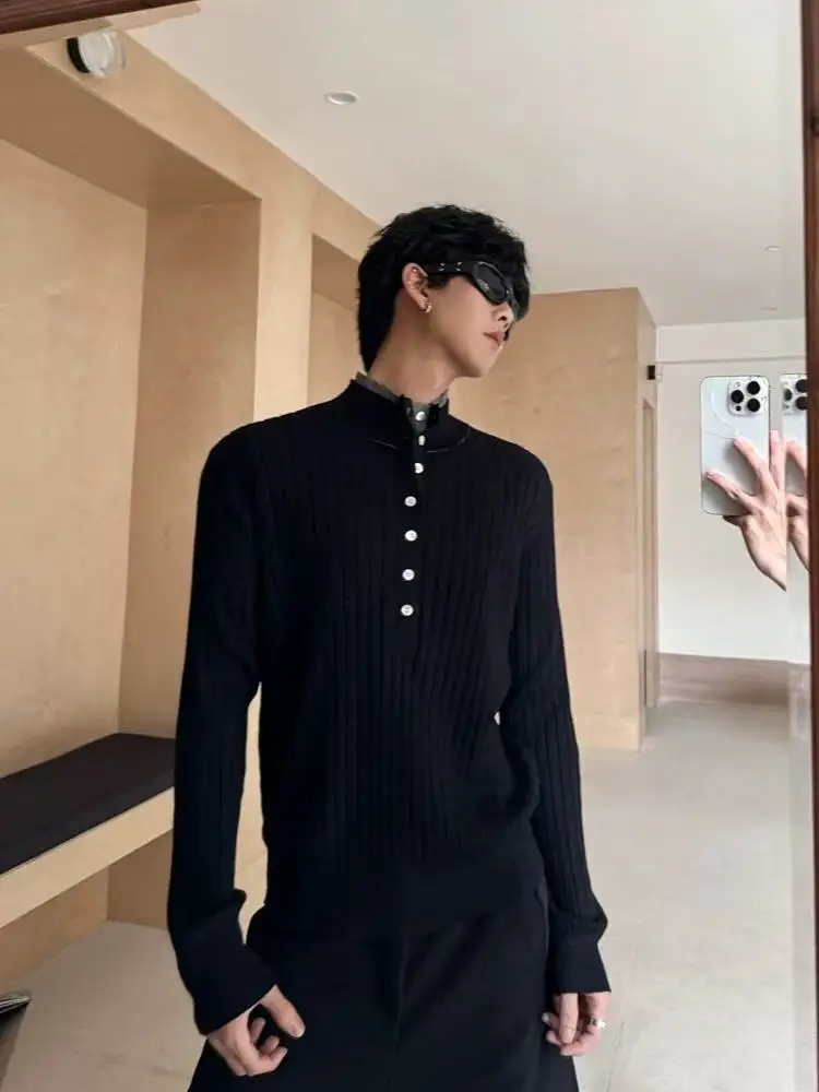 Maglieria da uomo con colletto Henry, vestibilità ampia, vestibilità ampia, lunga, base a righe in puro colore, irt Faionable Top per l'autunno inverno