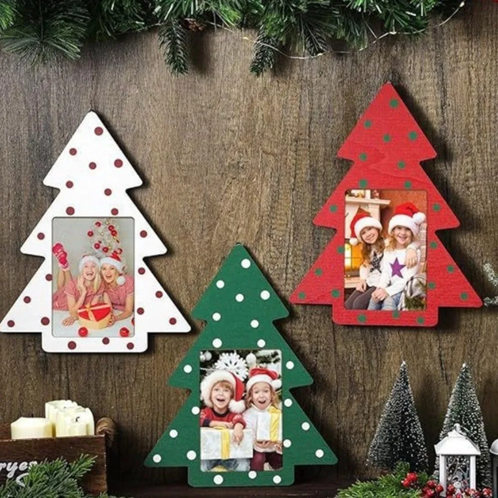 Cute Polka Dot Christmas Tree Picture Frame Mini Rustic Style Tree-Shaped Photo Frame Standing Holiday Ornament Home Decor