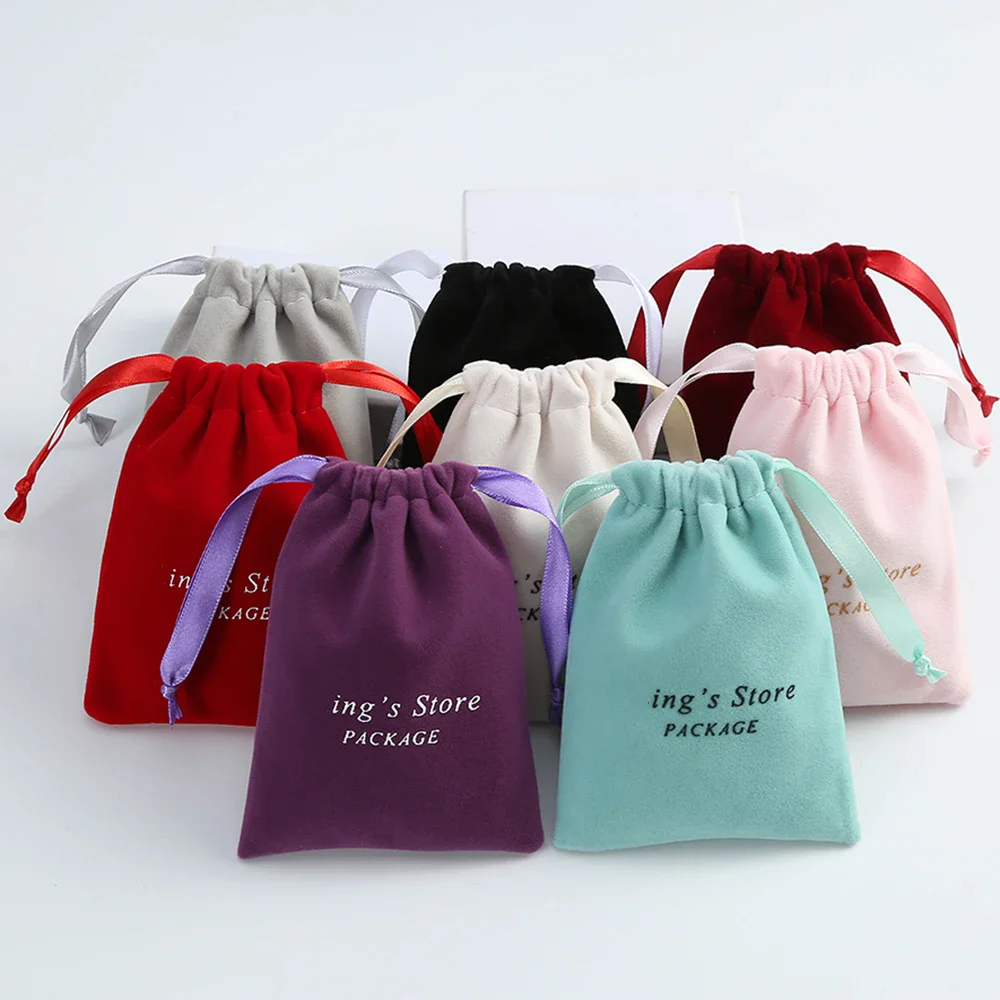 50pcs Velvet Gift Bags With Ribbon 5x7cm 7X9cm Jewelry Organizer Drawstring Pouches Custom Logo Name Wedding Favor Candy Bag