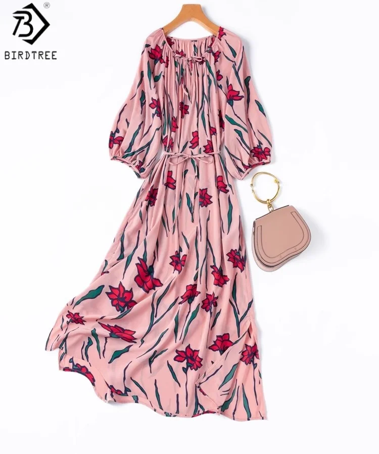 

Платье BirdTree из 93% шелка, 7% спандекса с принтом, женские платья из двойного крепа с круглым вырезом и рукавами-фонариками с боковым разрезом, новинка 2023 годаD57145JF