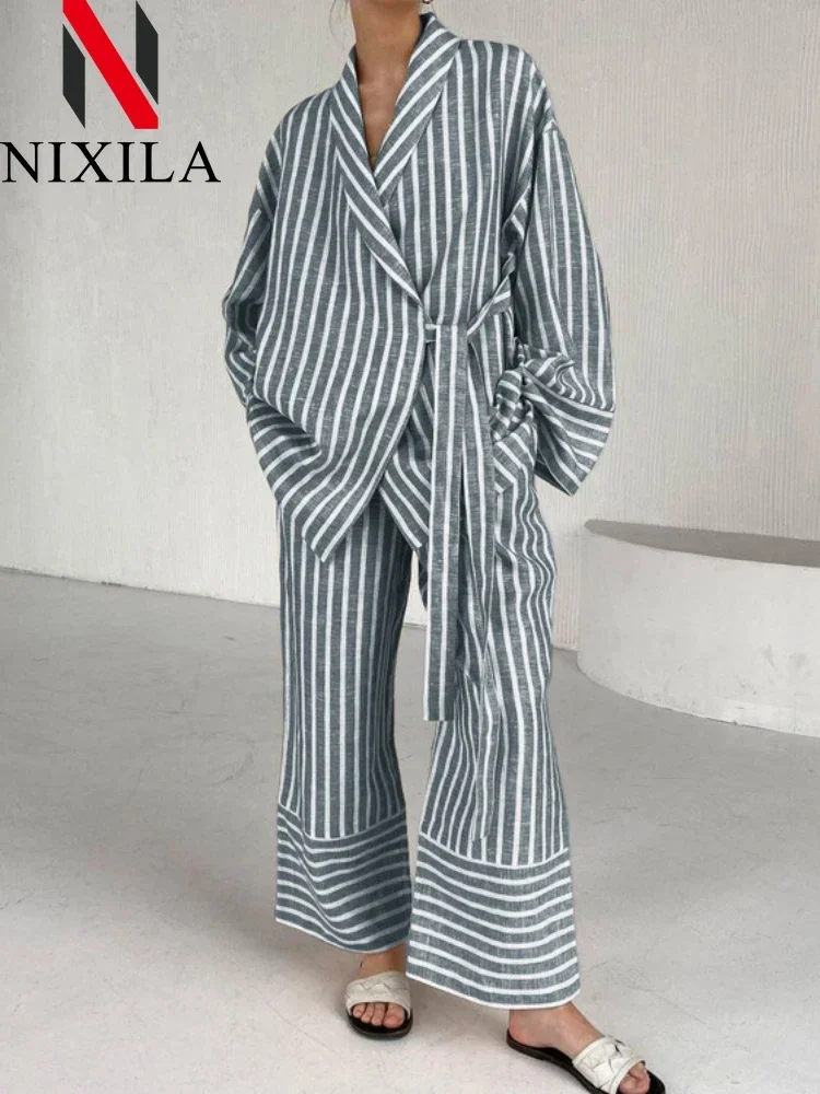 New in Spring Summer Striped Long Sleeved Loose Tie Up Sets for Women 2 Pieces Fashion Leisure Pant Sets Elegant Women\'s Suits