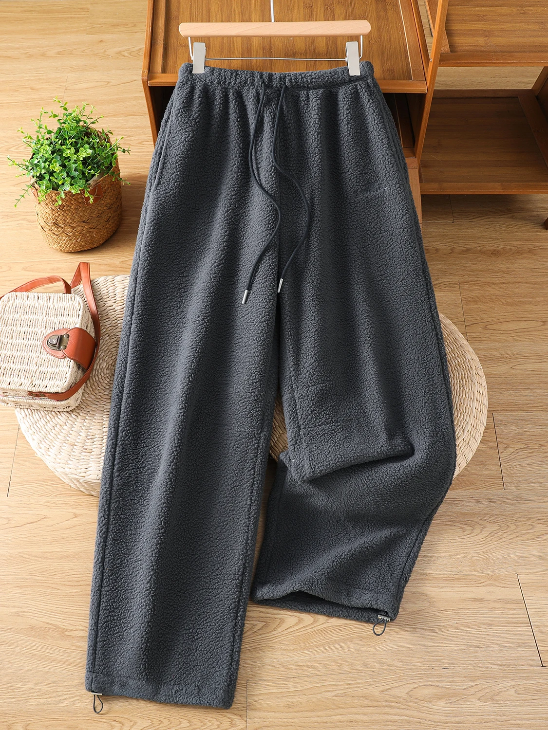 Thiened Fce taille haute pantalon à jambes larges femmes automne hiver nouveau Sle pantalon décontracté ample chaud peau d'oreille Simulation