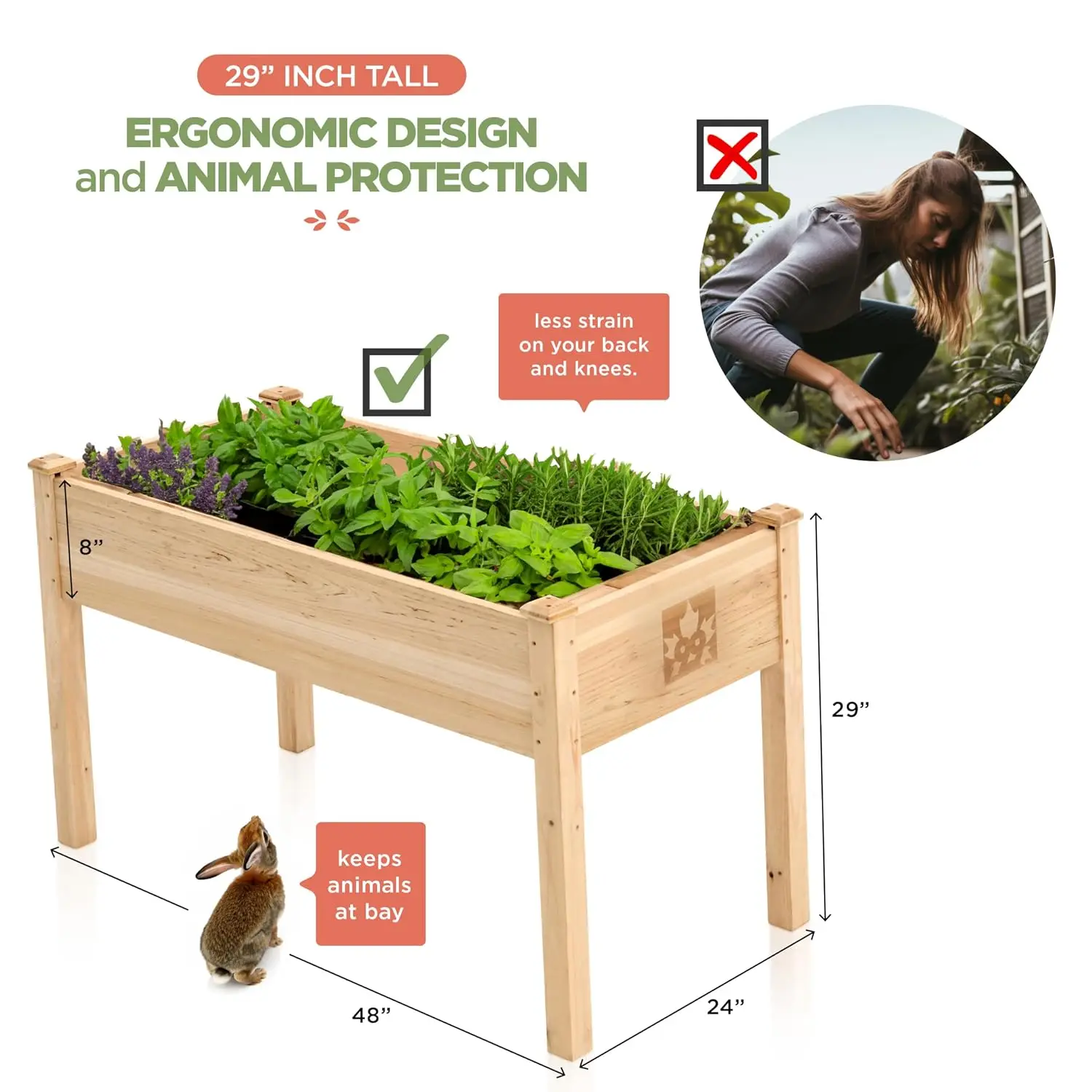 Cedar Raised Garden Bed with Legs, Outdoor Planter Box 48x24x30, 200lb, Customized