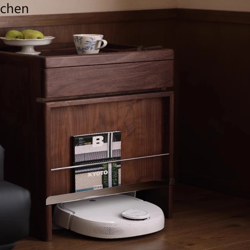 ZML black walnut side cabinet multi-functional living room sweeping robot top locker solid wood magazine storage cabinet