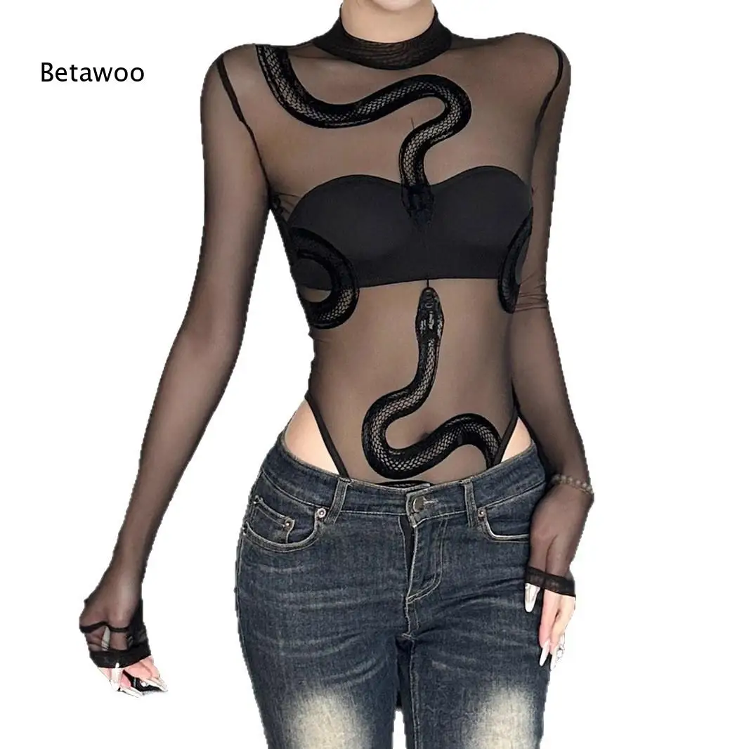 Stand Collar Long Sleeve Sheer Mesh Bodysuit Front Snake Embroidery High Cut See Through Slim Body Top