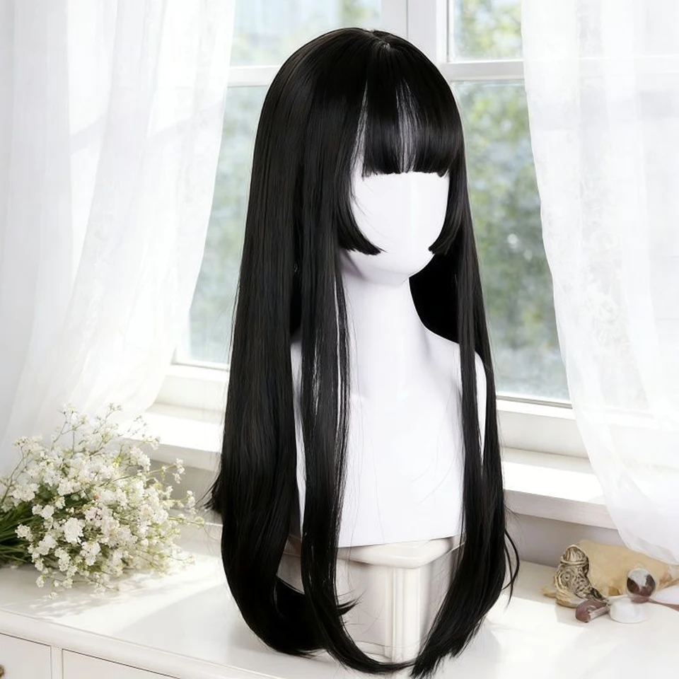 プリンセスカット前髪付き合成ロングストレートウィッグ自然な見た目耐熱ブラックウィッグ女性用