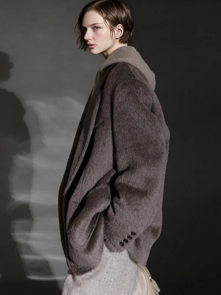 Winter Luxury Women Alpaca Wool Blend Blazers Single Button Loose Suit Jacket Lapel Collar Coat Long Sleeve Casual Outerwear