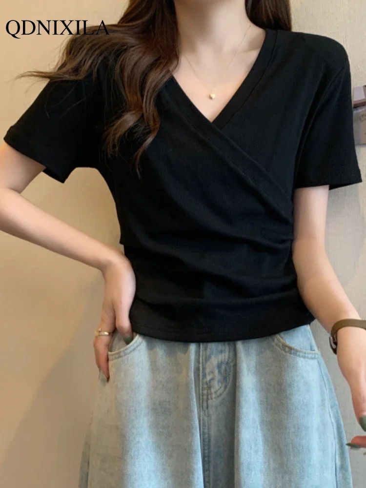 2024 Summer New Korean Fashion Cross V-neck T-shirt damski z krótkim rękawem Slim Bottoming Shirts Crop Top Youthful Woman Clothes