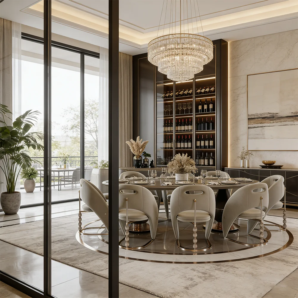 #Modern Luxury Round Dining Room Set: Plush Velvet Upholstered Chairs & Stylish Round Table With Metal Accents